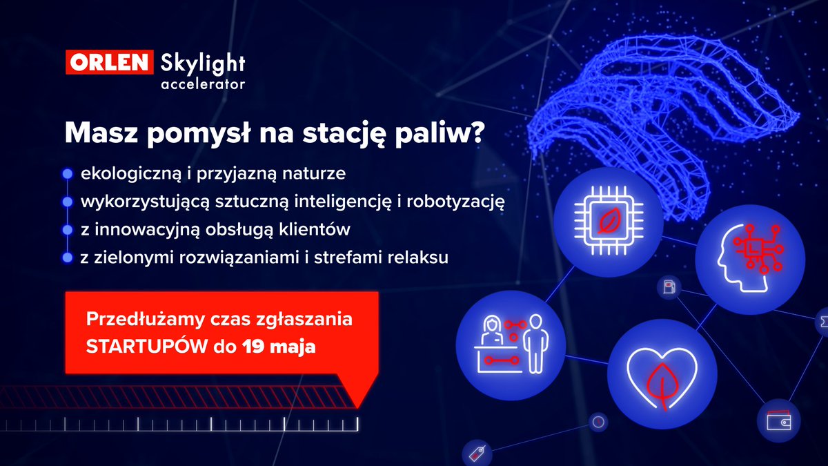 Eko rozwiązania i wsparcie AI na stacjach paliw to tematy dodatkowej rundy naboru dla startupów do akceleratora #ORLENSkylight. 📅Pomysły zbieramy do 19 maja! 👉Informacje o naborze i zadaniach: orlen.pl/pl/o-firmie/in…