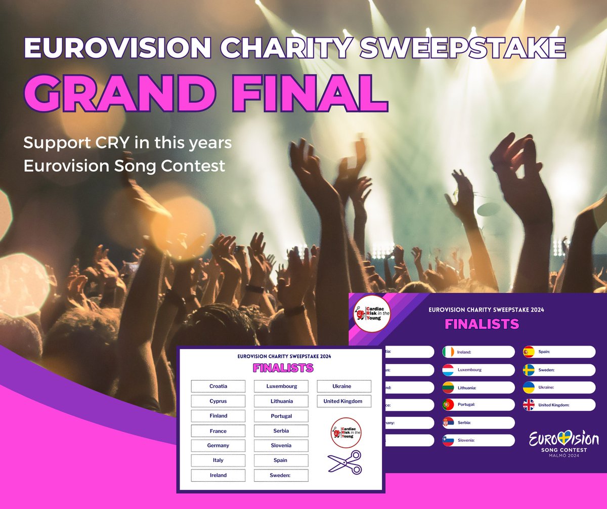 The Eurovision Grand Final is taking place tomorrow at 8 pm. We have updated our sweepstake pack for the final, so if you'd like to join in and raise some funds for CRY visit our website to download our finalist sweepstake sheets! c-r-y.org.uk/eurovision-cha…