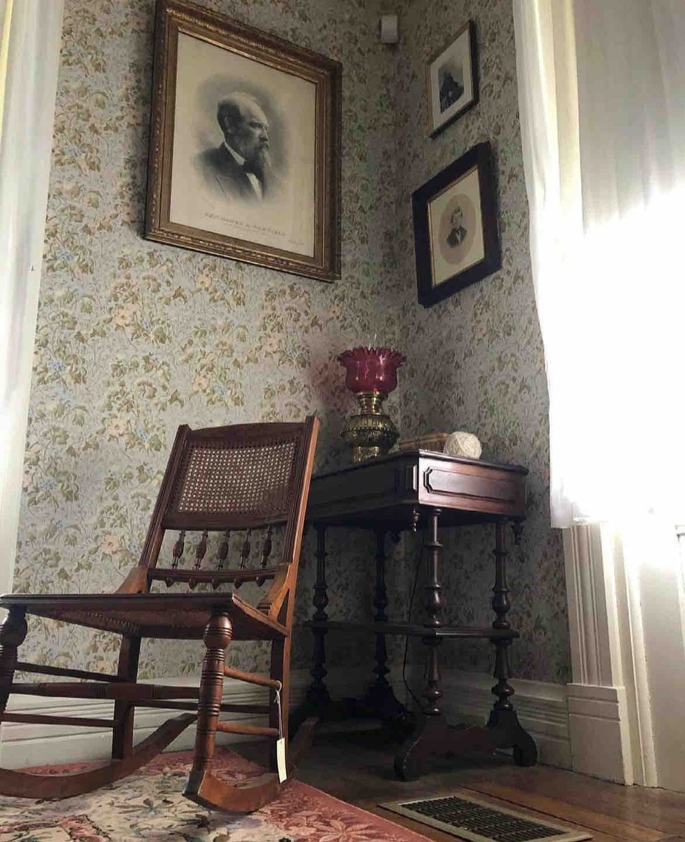 This is the southeast corner of Eliza Ballou Garfield’s bedroom in the Garfield home. She was President James A. Garfield’s mother. This corner is representative of the room’s larger decor theme, which is “put up as many pictures of my son as possible.” #jamesagarfieldnhs