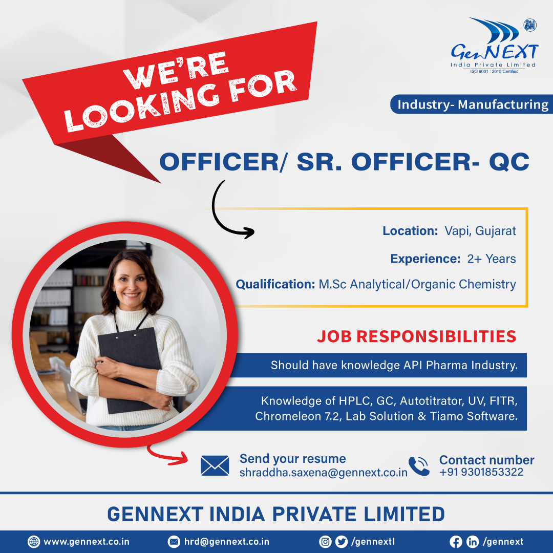#UrgentHiring 💼📢🎯

Position: Officer /Sr. Officer- QC
Location: Vapi, Gujarat

#Officer #SeniorOfficer #QC #Gujarat #hiringnow #jobsearching #jobsearch #Recruitment2024 #jobvacancy2024 #nowhiring #recruiting #jobseekers #hr #jobopenings2024 #gennextjob #gennexthiring #GenNext