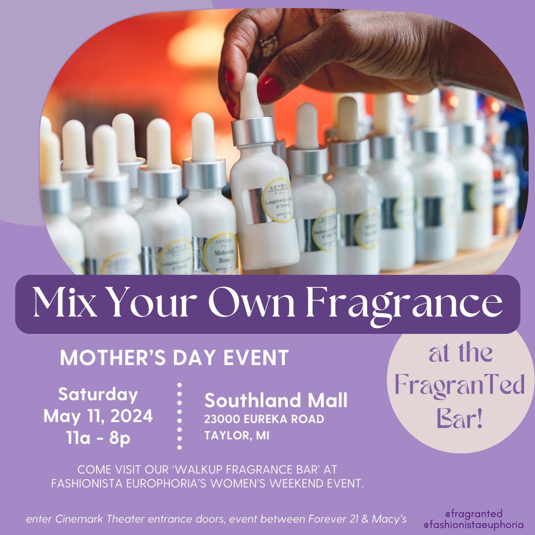 Mothers! Treat yourself to something special. Come Mix Your Own Fragrance with me! <a href="/Fragranted/">Fragranted</a> is debuting our new 
'Mini Mobile Fragrance Bar'.
#fragrancebar #detroitperfumer #tereeswestern #mothersdaygifts #customperfume #savorscent