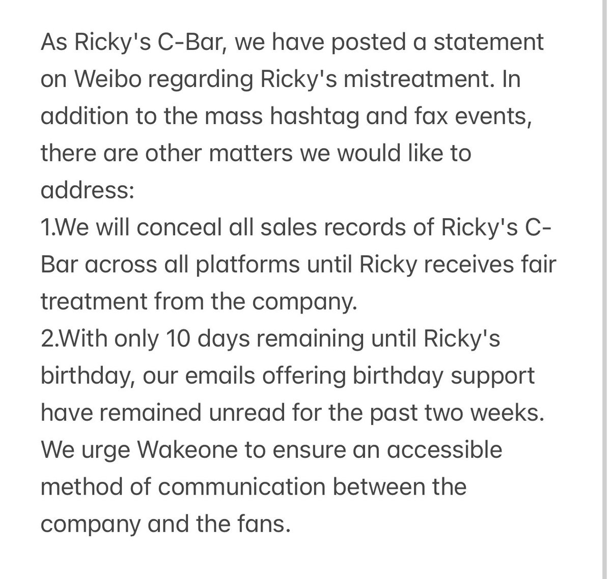 Ricky C-Bar declaration:

weibo.com/7810194696/OdD…

WAKEONE PROMOTE RICKY BETTER #WakeoneTreatRickyFairly <a href="/ZB1_official/">ZEROBASEONE</a>
<a href="/wakeone_offcl/">WAKEONE 웨이크원</a>
<a href="/ZB1staff/">ZB1 STAFF</a>