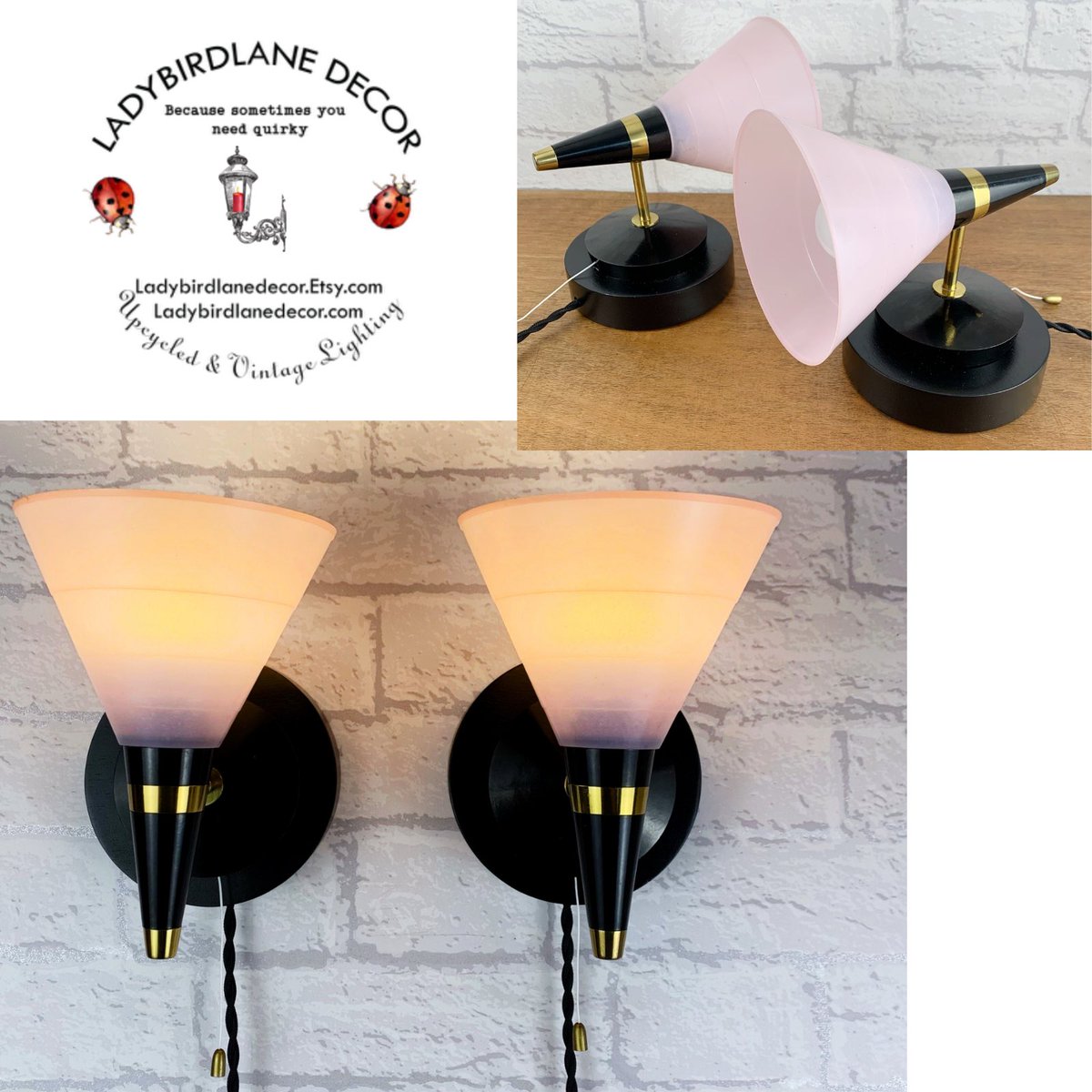 #MHHSBD 𝗙𝗮𝗻𝗰𝘆 𝗮 𝗯𝗶𝘁 𝗼𝗳 𝗠𝗶𝗱 𝗖𝗲𝗻𝘁𝘂𝗿𝘆 💡 A rare matched pair of gorgeous Mid Century Bakelite wall lights with bold black & gold sconces and the softest of soft pink Bakelite shades. Complete with hanging brackets & 2m of cable, or you can hardwire them.