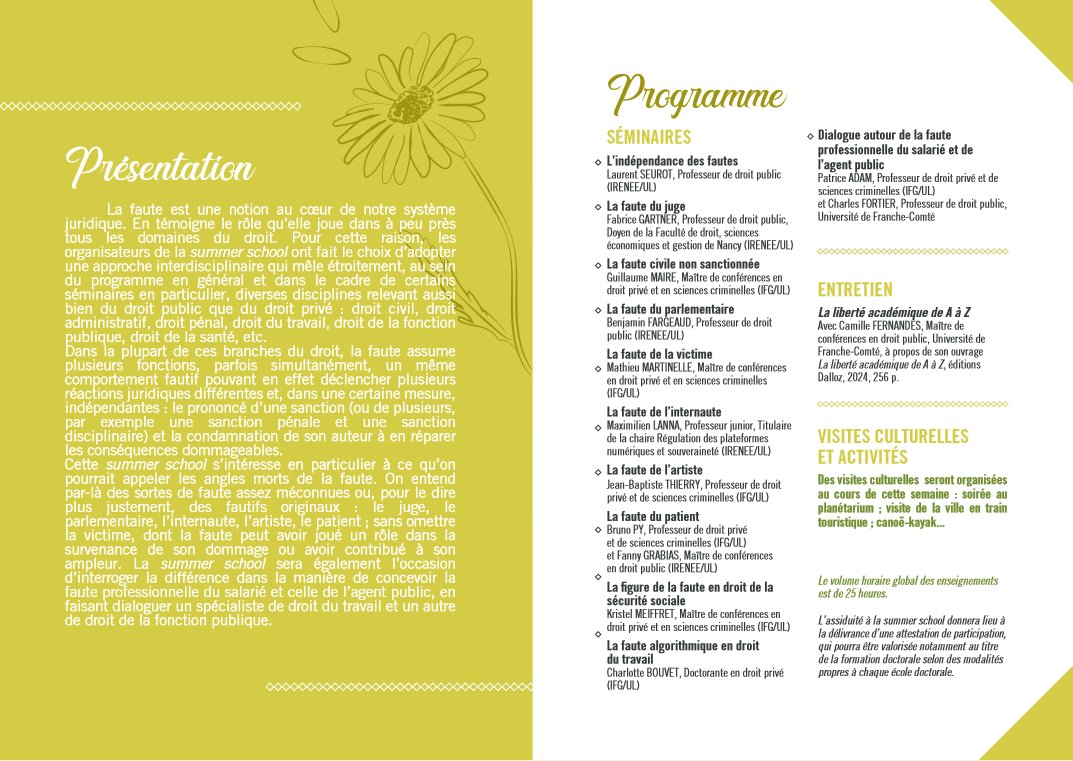 Du 1er au 5 juillet, à Épinal aura lieu la 2e Summer school, consacrée cette année à la faute. De nombreux intervenants pour une semaine de formation agrémentée de différentes activités.