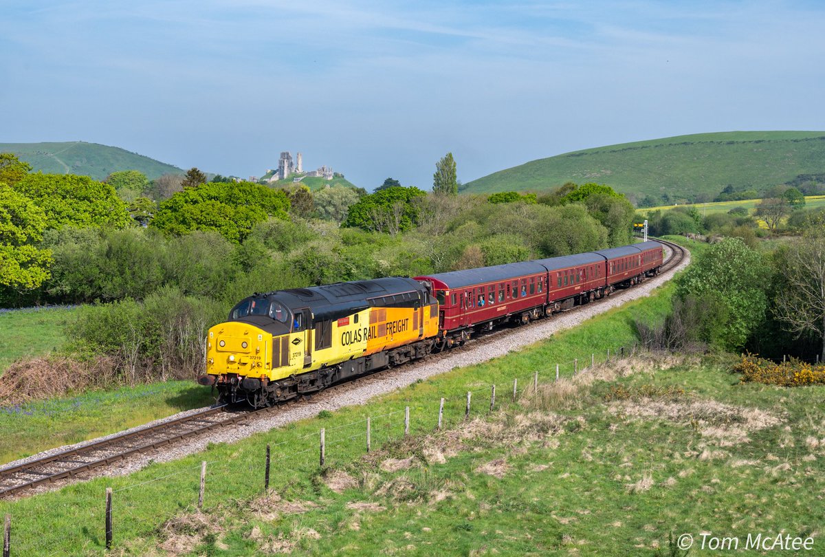 37219 kicks off the Swanage diesel gala in some fine Spring sunshine this morning at Corfe Common with the 09:39 Corfe to Swanage. 10th May 2024. 📸 ☀️ @SwanRailway ⭐️ Gift Store ⬇️🏞🚂 railwayartprintshop.etsy.com @TheGrowlerGroup @CorfeCastleUK