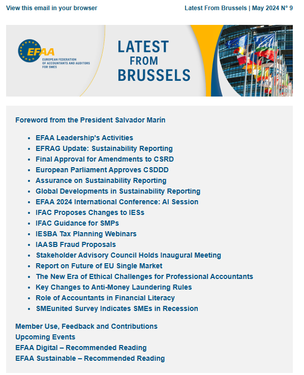 🚀#EFAAforSMEs new edition of #LFB is out! 
📈In this issue 👇
📌#sustainabilityreporting
📌#CRSD
📌#CSDDD 
📌#IFRSSustainability

Find more here  👉 mailchi.mp/c39a3c757e97/l…

🌟Celebrating #EFAAforSMEs30years anniversary 📅16/05