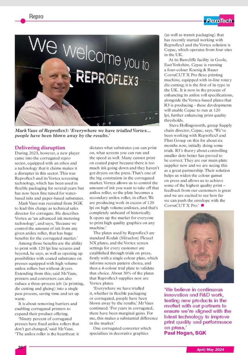 Reproflex3's tweet image. Read all about it! In this issue @FlexoTechMag Mark Vaus, our technical expert on corrugated packaging, contributes to an in-depth feature with insights on driving print quality, operational gains and the advantages of our #VORTEX technology.
shorturl.at/ctCR6 #Corrugated