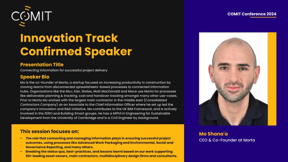 Confirmed Speaker on #Innovation Track - #COMIT2024 #Conference &amp; #Exhibition - comit.org.uk
👥 <a href="/mo_shanaa/">Mo</a> - CEO &amp; Co-Founder at <a href="/morta_tech/">Morta</a>