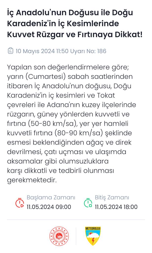 🔊Meteorolojik Uyarı
İç Anadolu'nun Doğusu ile Doğu Karadeniz'in İç Kesimlerinde Kuvvet Rüzgar ve Fırtınaya Dikkat!
@AFADBaskanlik @tokatvaliligi @TCAdanaValiligi