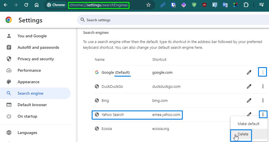 @Frozzenst 1.) Първо 'McAfee Webadvisor' премахнете/деинсталирайте този extension в браузърa (Chrome), той променя търсещата машина. От Appwiz.cpl също може.
2.) Редактирайте настройките за SearchEngine: chrome://settings/SearchEngines
Сложете за Default - Google.
След това изтрийте Yahoo.