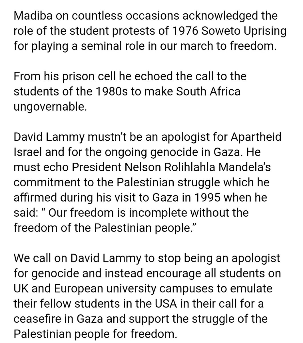 🚨🚨🚨🚨🚨🚨🚨🚨🚨🚨🚨🚨🚨

BREAKING - Media Statement by Nelson Mandela's grandson, Zwelivelile 'Mandla' Mandela, in direct response to comments made by Labour Shadow Foreign Secretary @DavidLammy.

He calls Lammy an 'apologist for genocide'.

FULL STATEMENT:

'We call on…