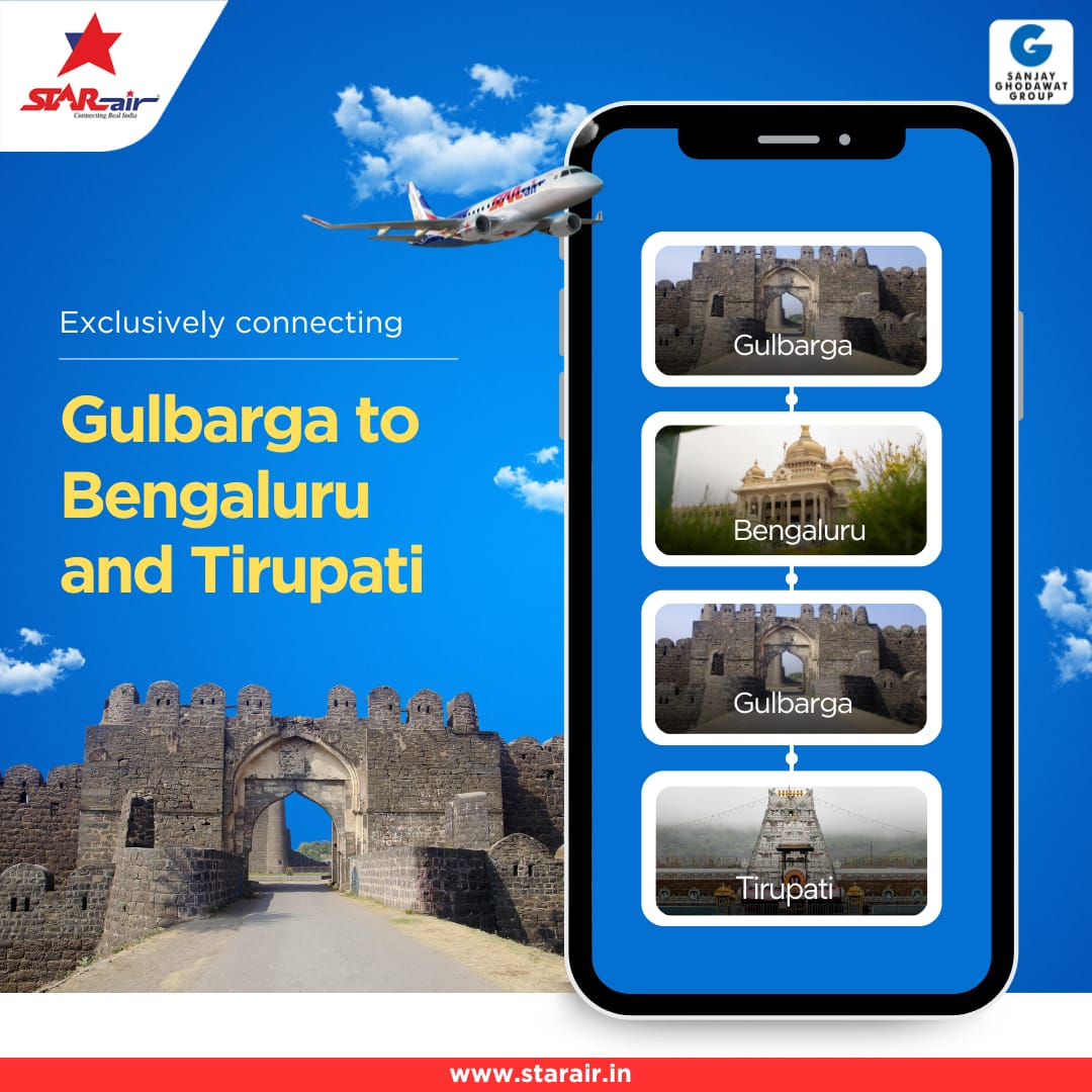 Fly seamlessly from Gulbarga to Bengaluru and Tirupati with Star Air. Discover convenience and comfort in every journey. #GulbargaConnections #StarAir #FlywithStarAir #StarExperience #ConnectingRealIndia #EmbraerE175 #E175 #Embraer #ExclusiveConnection #SanjayGhodawatGroup
