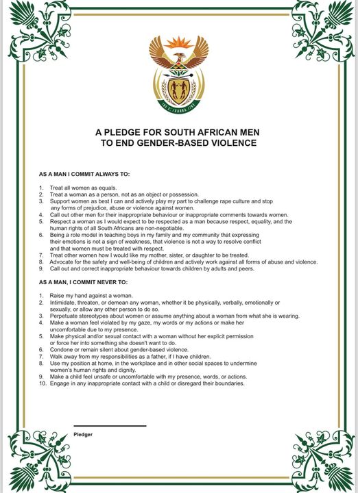 We can end gender-based violence and femicide (GBVF) by mobilising all of society. Support the pledge for South African men to demonstrate their commitment to ending this scourge. #StopGBV