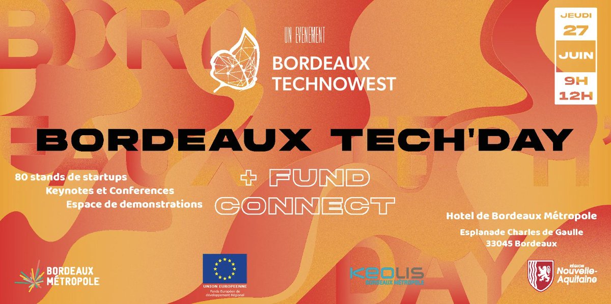 📢 @Bdx_Technowest organise la 6ème édition du Bordeaux Tech’Day 🎊 Un événement convivial, gratuit et destiné aux professionnels, pour découvrir les opportunités qu’offrent les entrepreneurs accompagnés par la technopole 🤝 📆 27 juin Inscriptions 👉 lc.cx/m11x8b8iOGr