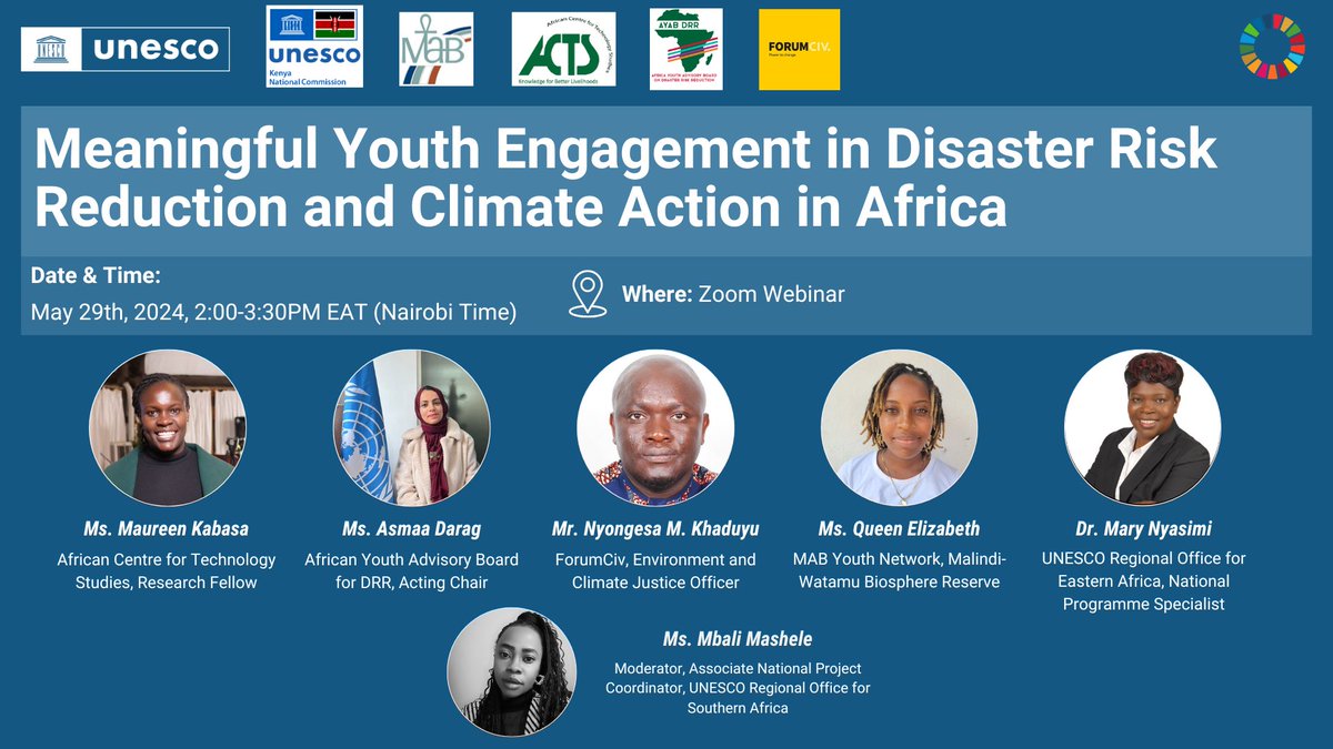 Calling all youth leaders & activists📢

Dive into meaningful engagement in Disaster Risk Reduction & Climate Action in Africa!

📅 May 29th, 2:00-3:30 PM EAT
📍Register here: unesco-org.zoom.us/webinar/regist…
#YouthLeadership #ClimateAction #AfricanYouth4ClimateAction #EmpowerYouth4DRR
