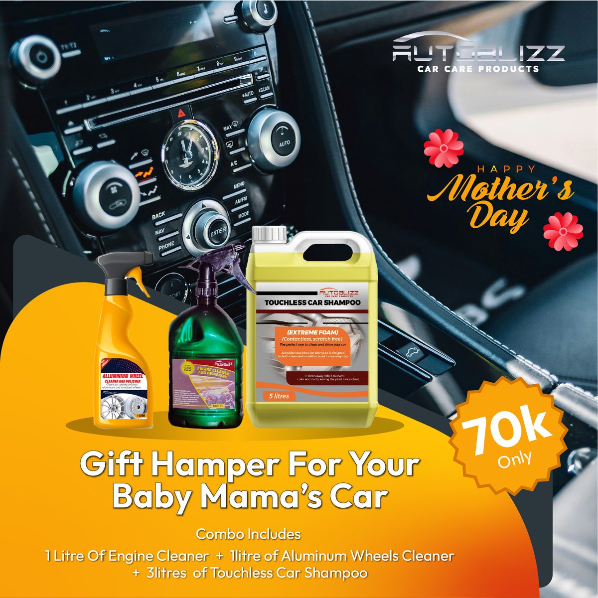 "Introducing our exclusive Mother's Day Car Care Hamper, at only 70k Get your Mom or Baby Mama this car care combo designed to make her car shine like new, just like she shines in your life every day."
#mothersday
#babymama 
#mom