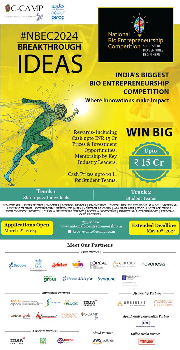 The #NBEC2024 application deadline countdown has already started! Apply before 11:59pm IST, today, 10th May, to turn your ideas into action with CCAMP - @BIRAC_2012 organized National Bio Entrepreneurship Competition & receive national recognition for your innovative solutions!…