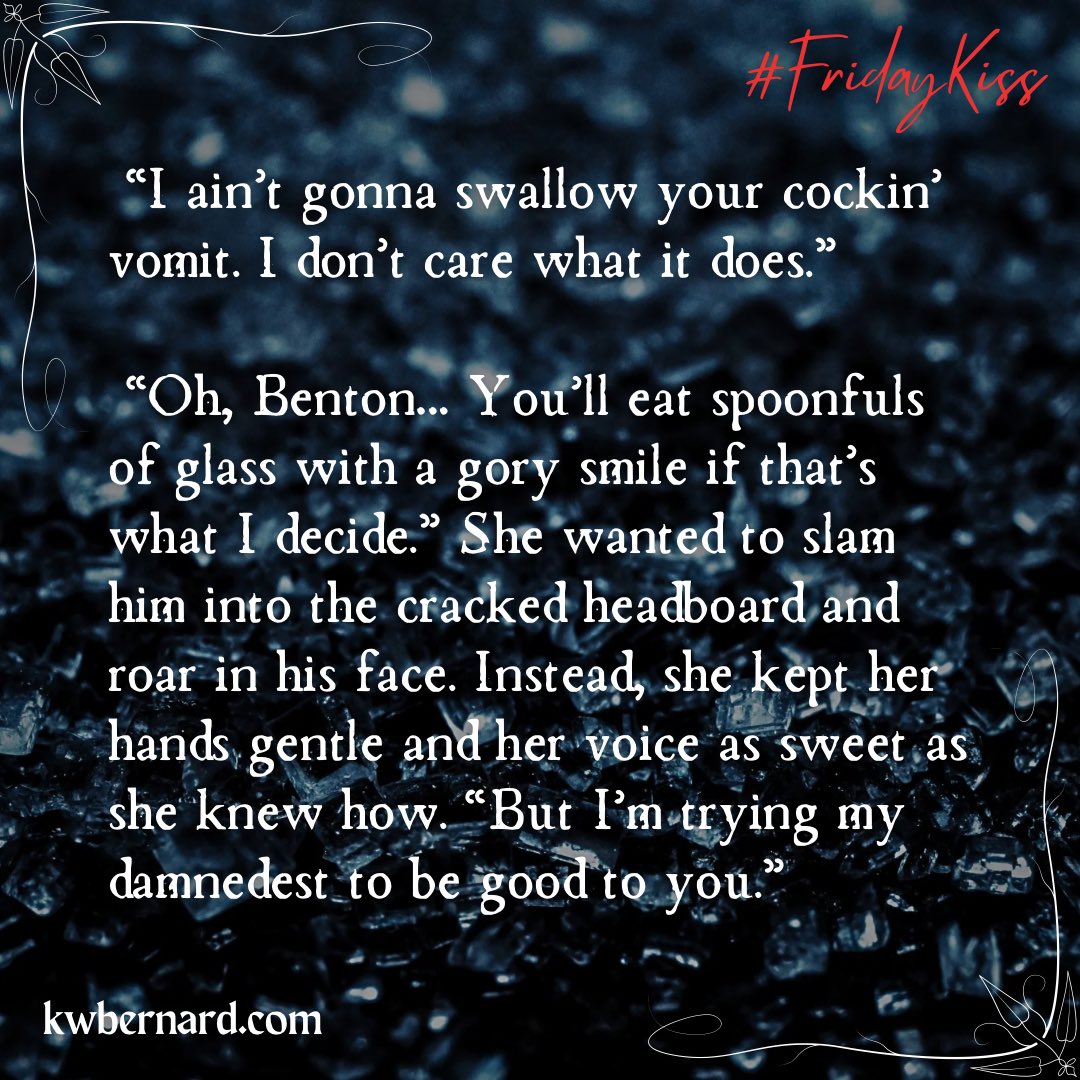 Poor Benton has been injured and only Dagmar is around to help in this scene from Blackened. I love her so much 😂
#FridayKiss #Glass #DarkFantasy #Romantasy #Fantasy #PNR
