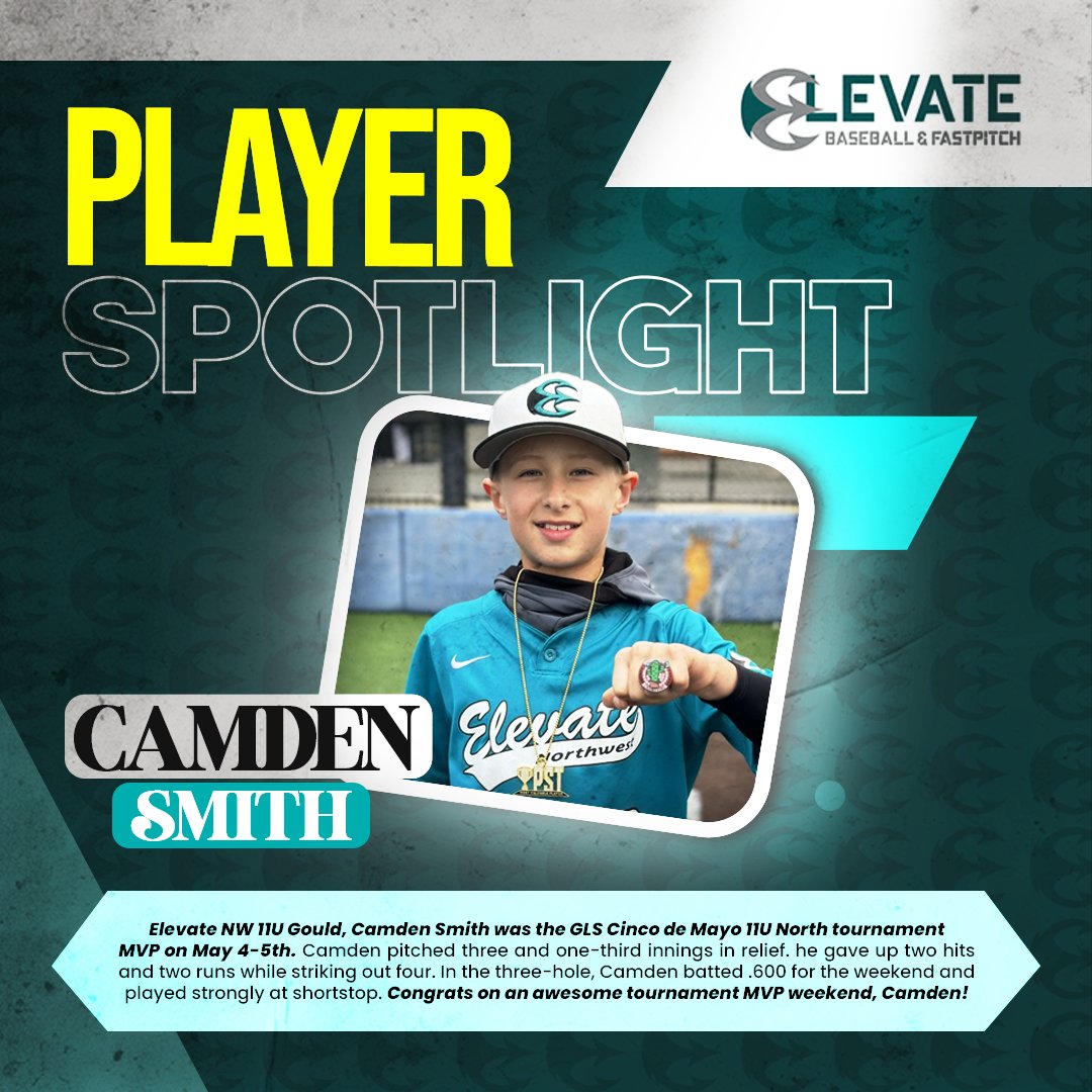 Camden Smith of Elevate NW 11U Gould was the GLS Cinco de Mayo 11U North tournament MVP on May 4-5th. He went 3.1 IP, 2 H, 2 R and 4 K in relief. In the three-hole, he batted .600 for the weekend & played strongly at SS. Congrats on an awesome tournament MVP weekend, Camden!
