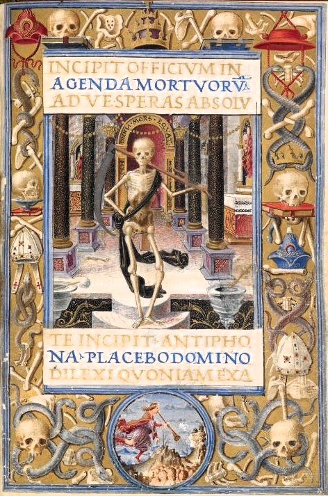 'Omnia mors aequat' - 'Death makes everything equal'. Death as a reaper; the message of the Latin motto is emphasized by the insignia depicted in the border decoration. @BLMedieval Add. 50002, f. 85r Mirandola Hours; Italy, 1490s #MementoMori on Friday