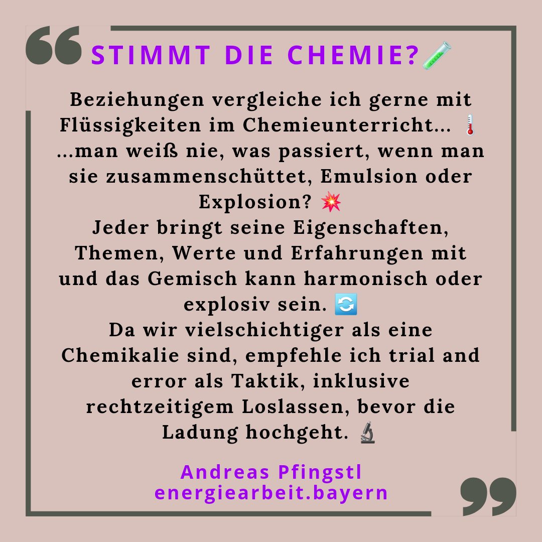 #StimmtdieChemie? 🧪 

#Beziehungen #Chemieunterricht
#Emulsion #Explosion
#Eigenschaften #Themen #Werte #Erfahrungen #Gemisch #harmonisch #explosiv #Chemikalie #Taktik #Loslassen
#ErfahrungLernen #Beziehungsdynamik #ChemieDesLebens #TrialAndError #ChemischeReaktion