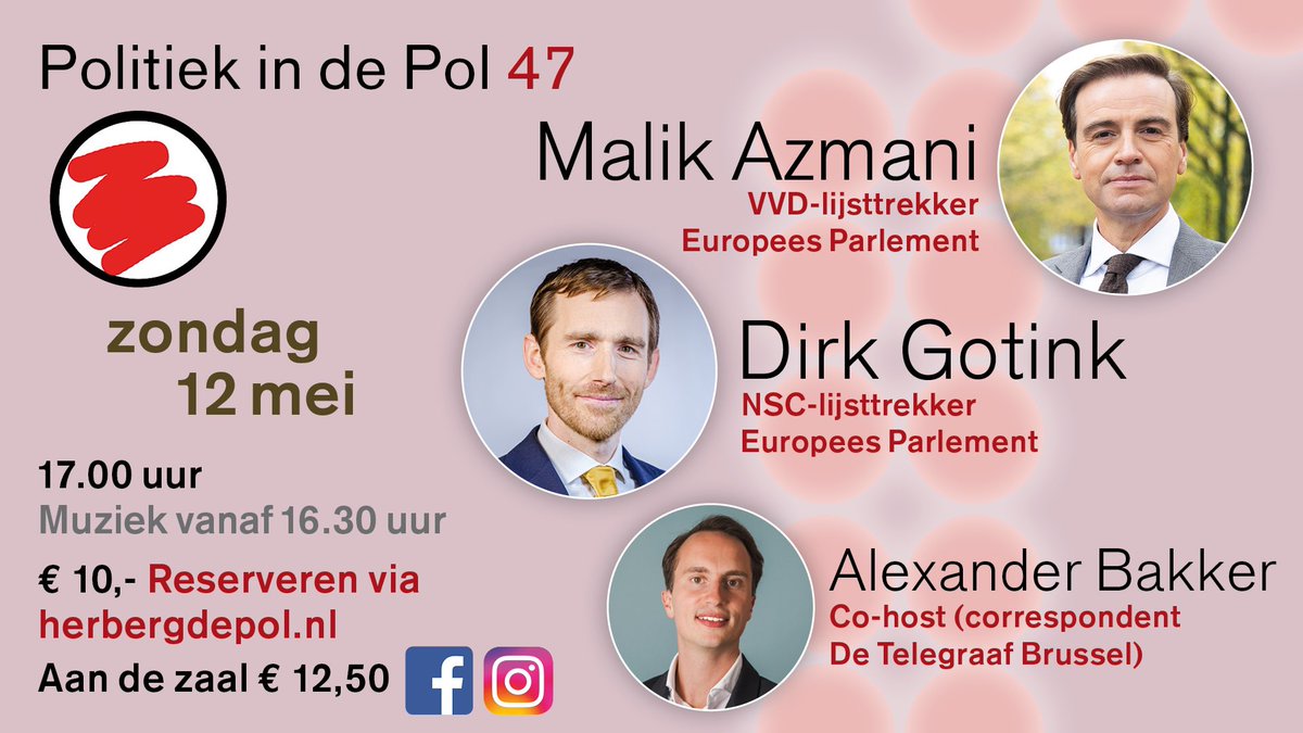 Komende zondag 12 mei de laatste aflevering van dit seizoen van @PolitiekindeP, met heel veel #Europapa! Te gast zijn @MalikAzmani (VVD), @DirkGotink (NSC) en Telegraaf-correspondent @alexanderbakker Info en kaarten via: herbergdepol.nl/evenement/poli…
