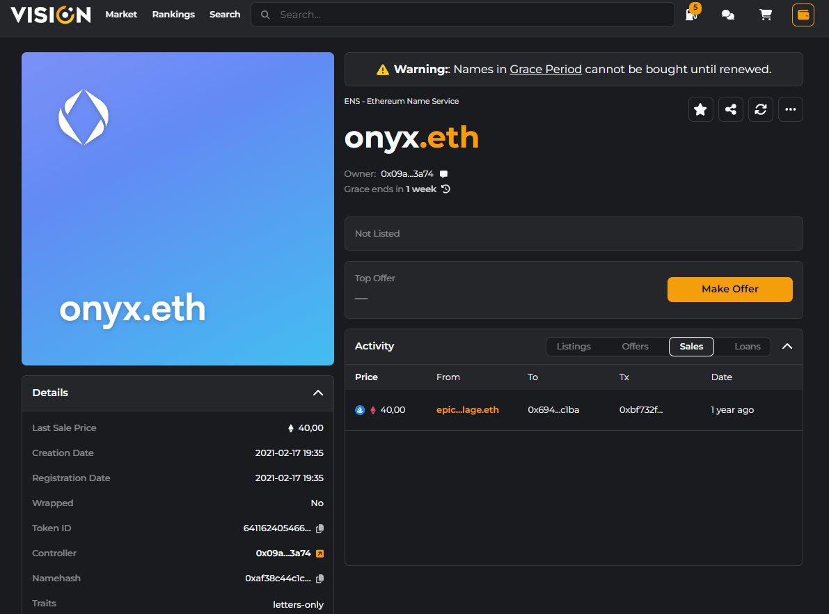 GM #fam🌞 Imagine holding a gem like onyx.eth, investing 40 ETH, and then letting it expire (less than a week left)😢 Let's help find the owner! ➡️This is your friendly reminder to renew, don't let onyx.eth slip into grace period! ⏳ #ENS #Vision #onyx #web3