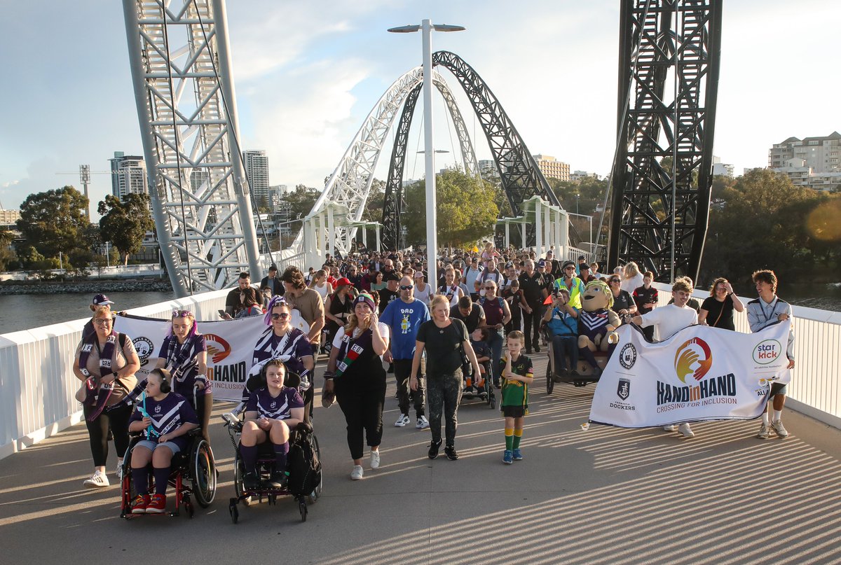 Ahead of tonight's game, supporters came together to advocate for a more inclusive football community by crossing the Matagarup Bridge as part of the Hand in Hand Crossing for inclusion.

It was incredible to be a part of 💜

#foreverfreo