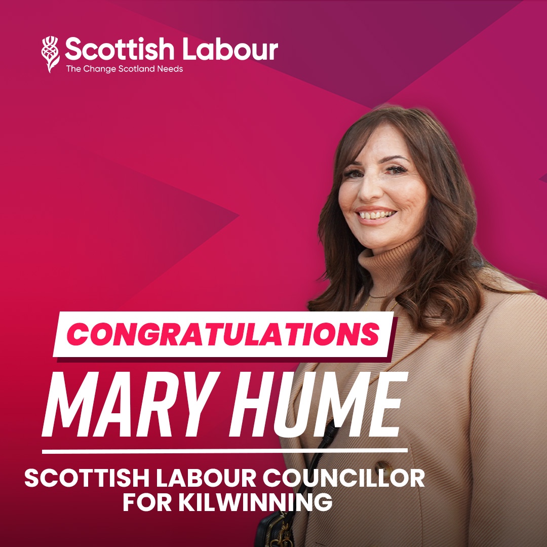 Change is coming! Congratulations to Scottish Labour's newest councillor - Mary Hume for Kilwinning. We know you'll be a fantastic local champion for the community.