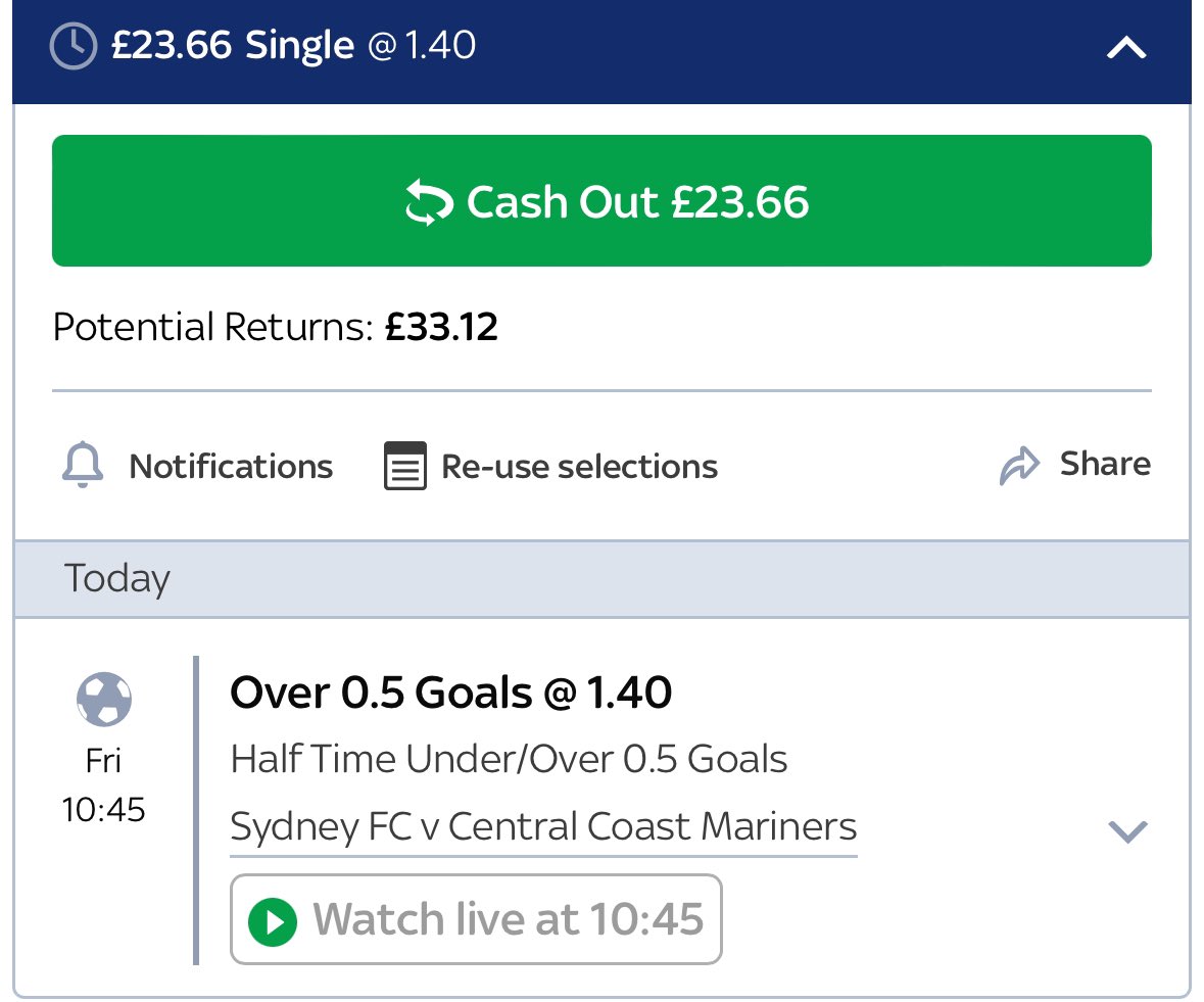 SpainTrainTips's tweet image. SpainTrain 10 Bet Challenge!💰

Bet 3 is a winner!✅
 
⭐️Bet 4⭐️

🇦🇺A-League⚽️
Sydney FC v CCM
Over 0.5 1st Half Goals @ 1.4

£23.66 &amp;gt;&amp;gt; £33.12

❤️+ 🔁 🙏

#GamblingTwitter #sportsbets #sports #GamblingX #bettingtips #betting