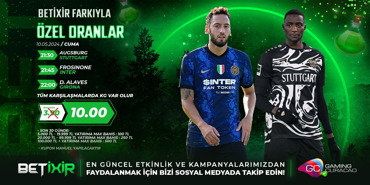 #BetiXir 'den Özel Oran Sürprizi ‼️ ✔️Belirtilen Kuponun Oranı 3.90 Yerine TAM 10.00 ORAN‼️ ⚠️ Son 30 Günde : 5.000TL - 19.999TL Yatırıma Max Bahis : 100TL 20.000TL - 99.999TL Yatırıma Max : 250TL 100.000TL Üstü Yatırıma Max Bahis : 500TL ⚠️ 🚩t.ly/betixirgir