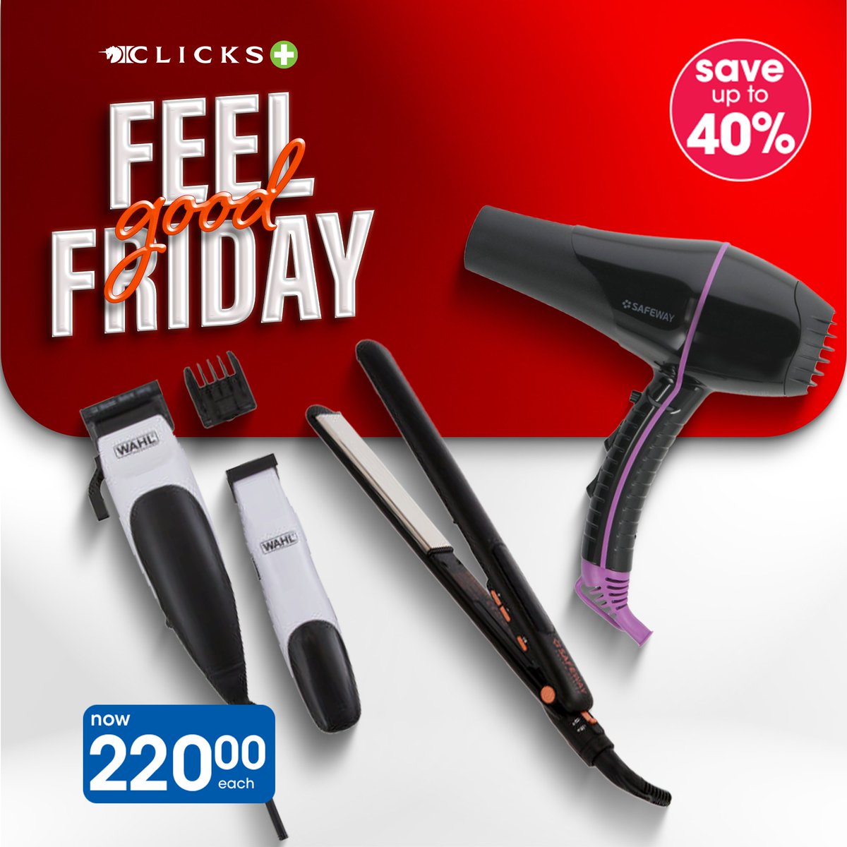 Discover cutting-edge grooming gadgets when you shop our Feel Good Friday sale on 10 May 2024! SAVE up to 40% off hair clippers, straighteners, and hair dryers. Your next look is just a click away – shop online now! -> bit.ly/3WBZE6O #FeelGoodFriday #ShopOnline