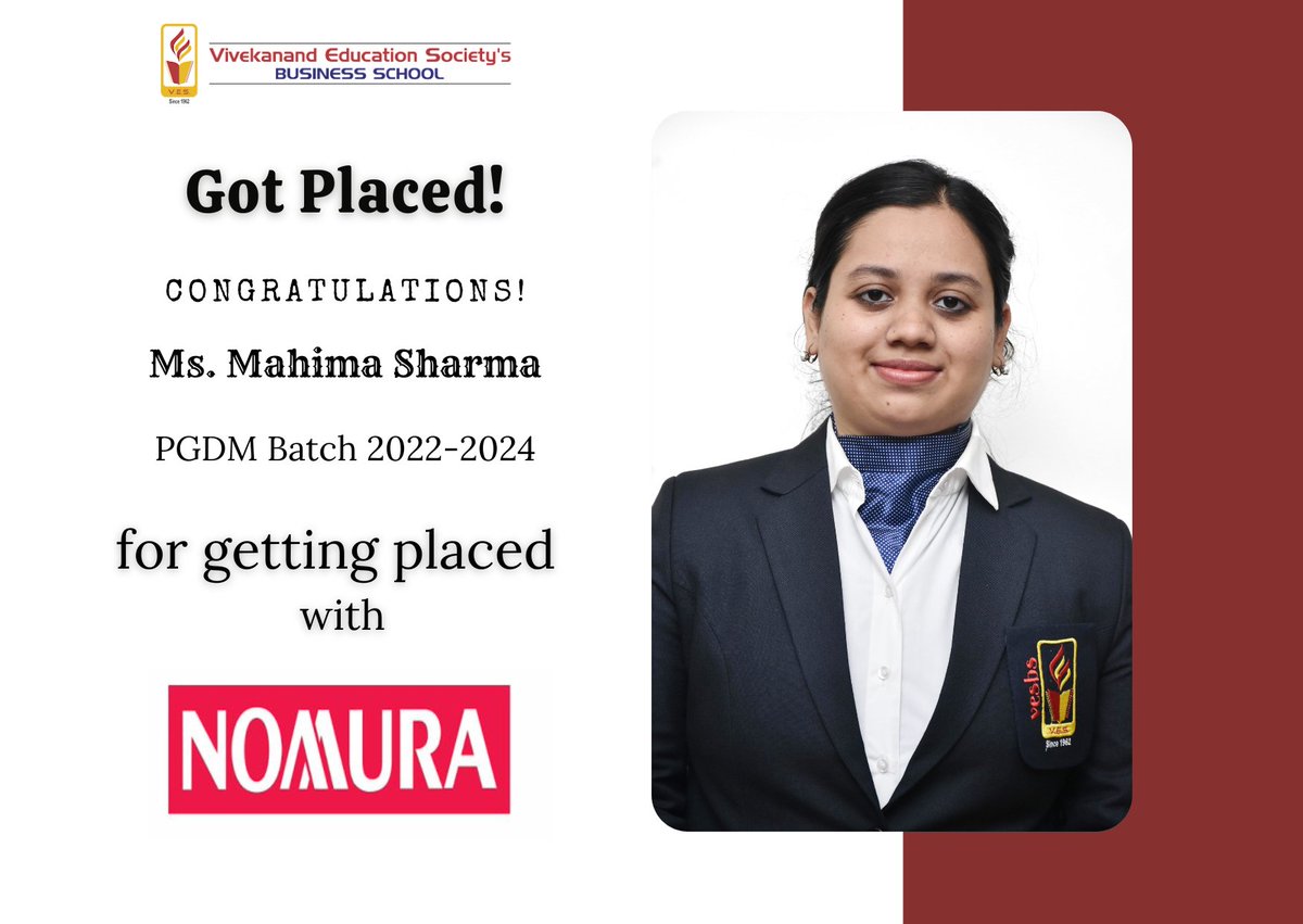 Congratulations Ms. Mahima Sharma of Batch 2022-2024 who got placed at Nomura. Many Congrats on this next step in your career and all of the growth, connections and opportunities that come with it.
#Placementdrive #placements #management #campusplacement #bschool #VBS #pgdm