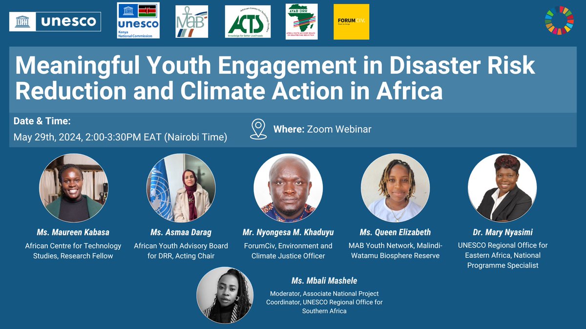 Interested in youth development and climate resilience? Don't miss our #webinar tomorrow! ⏲️2:00-3:30 PM EAT 📍 Register here: unesco-org.zoom.us/webinar/regist… #AfricanYouth4ClimateAction #EmpowerYouth4DRR @UnescoEast @natcomunescoke @ACTSNET @ayab_drr @ForumCivESA