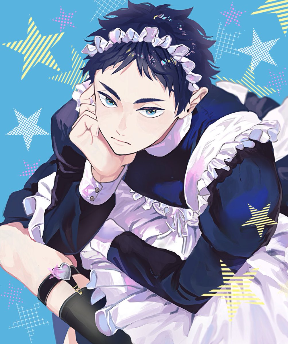 solo looking at viewer short hair blue eyes black hair long sleeves 1boy  illustration images