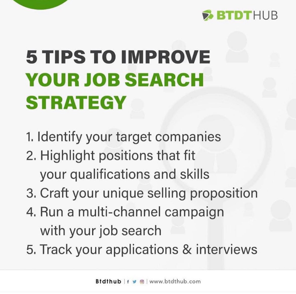 Rebrand yourself, land more job interviews, and improve your career prospects with a well-crafted CV, targeted Cover Letter, and optimised LinkedIn Profile. Here are 5 tips to improve your job search strategy and position yourself for a successful career. Follow us for more…