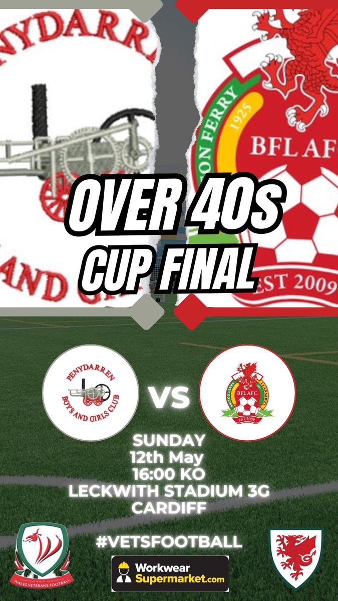 🏆CUP FINALS DAY🏆

📆 12th March

12pm O60s
<a href="/SwanseaVets/">Swansea Veterans</a> v <a href="/BarryTownUnited/">Barry Town United 🏆</a>

2pm O50s
<a href="/LlanelliV/">Llanelli Town AFC Veterans</a> v <a href="/PenybontVets/">Penybont Vets</a>

2pm O40s Shield
<a href="/porth_quins_bgc/">Porth Harlequins BGC</a> v <a href="/trefelinbgc/">Trefelin BGC</a>

4pm O40s Cup
@PenydarrenBGC v <a href="/bflafcvets/">bflafcvets</a>

All games being played at <a href="/HouseofSportCDF/">Cardiff City House of Sport</a> Leckwith

#VetsFootball ❤️🏴󠁧󠁢󠁷󠁬󠁳󠁿⚽️