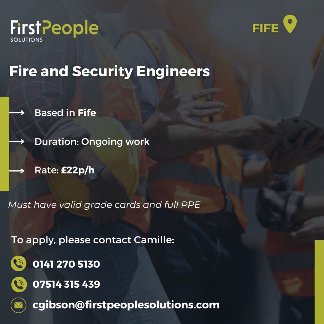 First People Solutions are looking for Fire and Security Engineers to work on a major project based in Fife 🛠️ immediate start date For more information on how to apply, please get in touch with Camille Gibson: 📞: 07514315439 📧: cgibson@firstpeoplesolutions.com #HiringNow