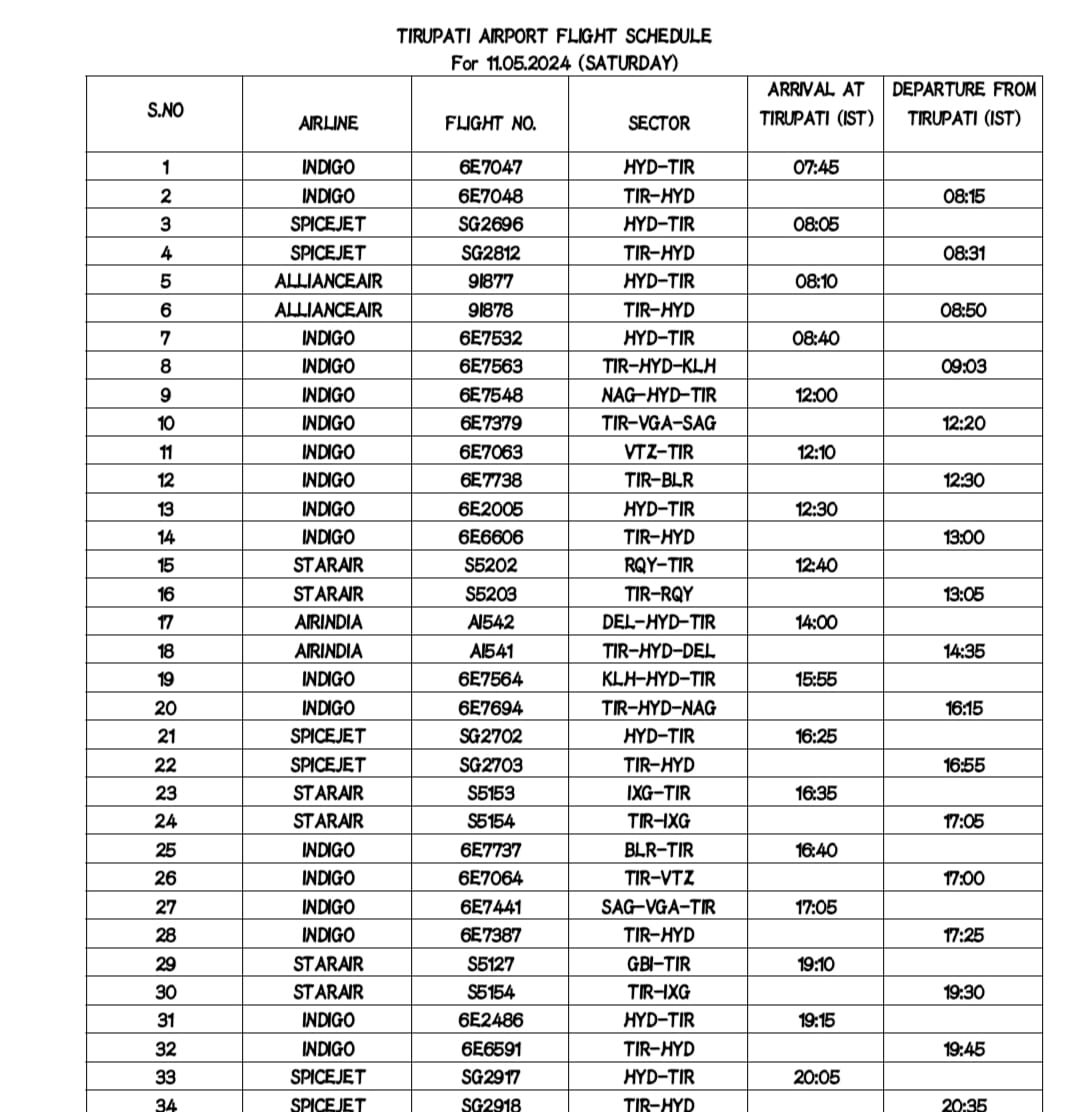 Flight schedule for 11th May 2024 (Saturday)