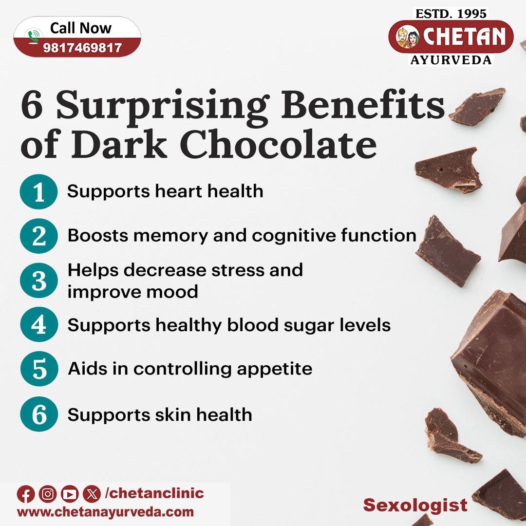 'Dark Chocolate Ke Fayde'
विवाहित जीवन से जुड़ी किसी भी कमजोरी के लिए आप निसंकोच अपने प्रश्न व्हाट्सएप कीजिए हमारे सीनियर आयुर्वैदिक सेक्सोलॉजिस्ट आपकी सहायता के लिए तत्पर हैं
WhatsApp No 098174 69817
जागरूक रहें, स्वस्थ रहें, मुस्कुराते रहें !!
#chetanclinic #chocolate