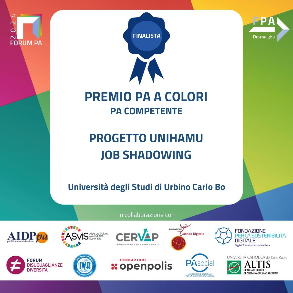 🎯 FINALISTI FORUM PA 🎯 #Uniurb è orgogliosa di annunciare che il progetto 'Job Shadowing' è stato selezionato tra i finalisti del #PremioPA a Colori di #ForumPA 2024. 🤩 Non vediamo l'ora di scoprire i vincitori durante la proclamazione del 23 maggio a #Roma!  👉 @FPA_net