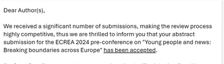 🥳 Very excited that our #LeverhulmeNewsUse project with @ProfRanjanaDas will be going to #Ljubljana for the @ECREA_eu 2024 pre-conference on 'Young people and news: Breaking boundaries across Europe' in September. 

👉Check the full #conference programme: cicant.ulusofona.pt/activities-and…