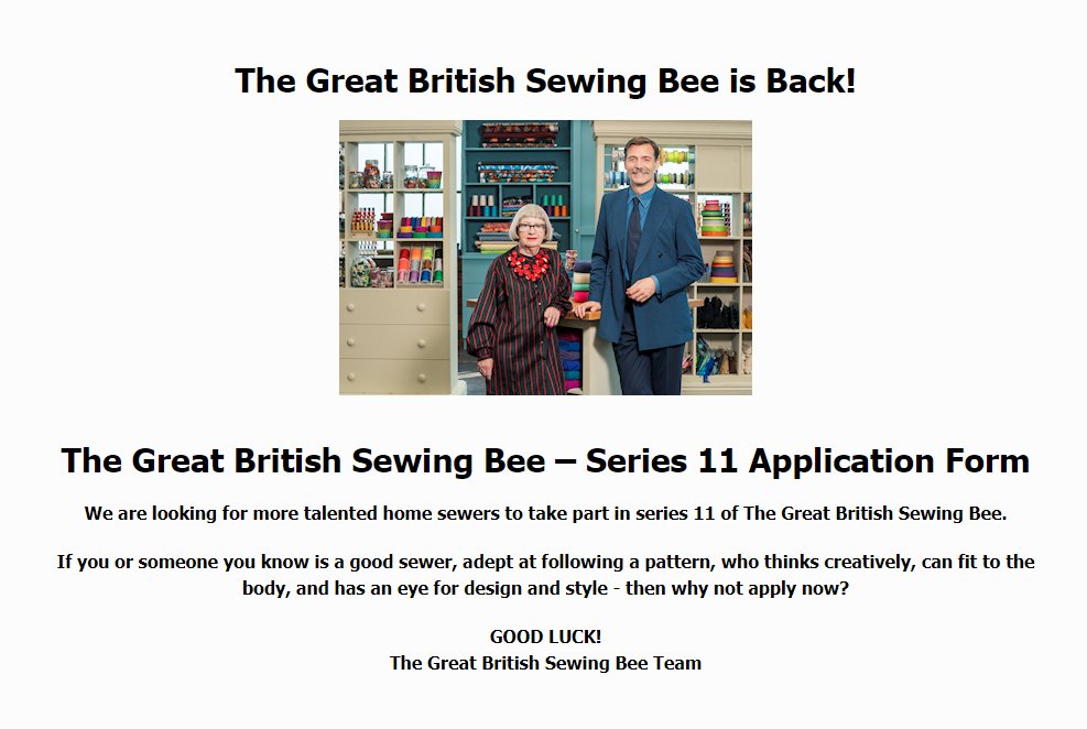 ***** Last day to enter ***** Applications Close: 8.00pm on Wednesday 15th May 2024 Are you going to apply? Click here to apply. eu.castitreach.com/ag/love/gbsb11… #sewing #GBSB