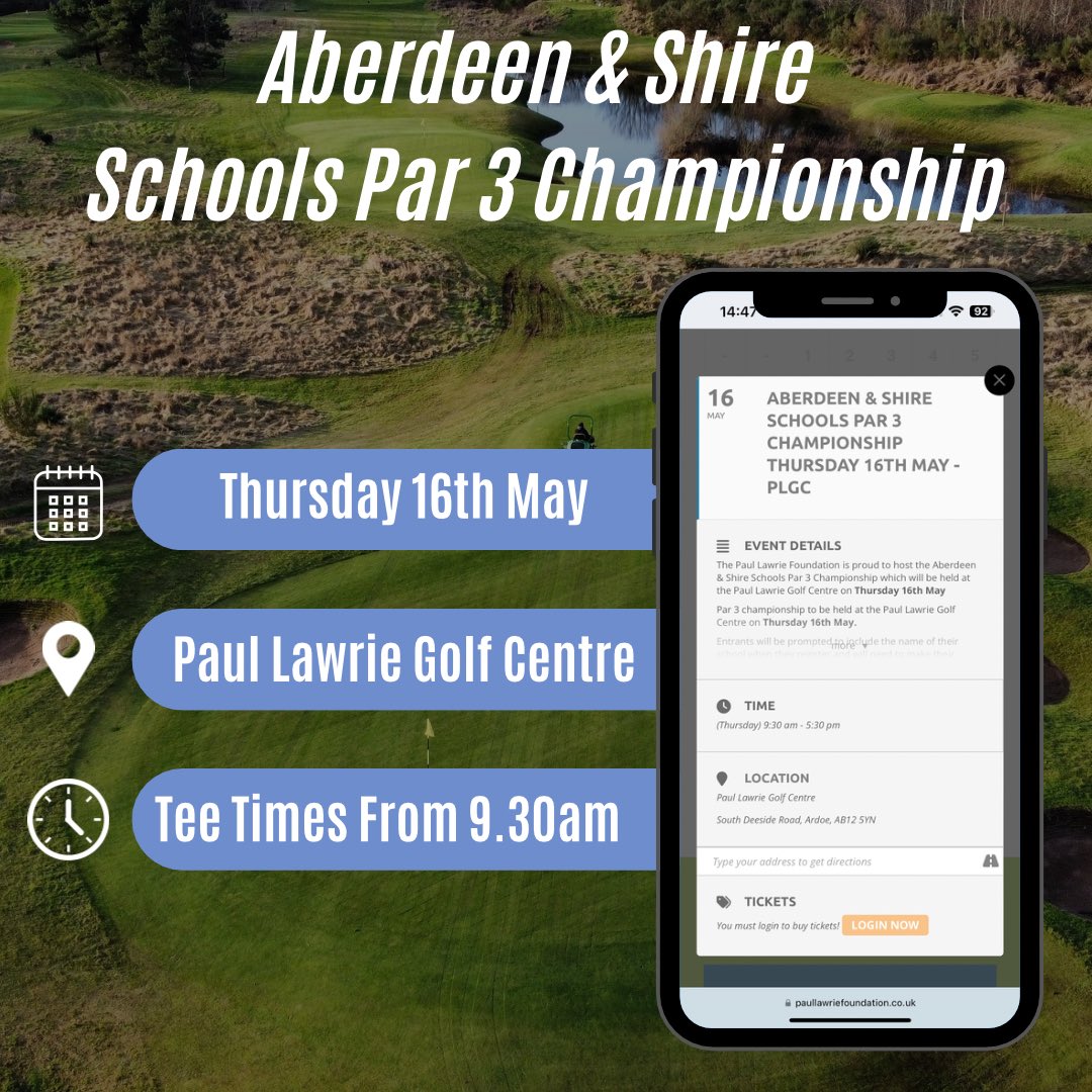 Aberdeen & Shire Schools Par 3 Championship 🏆 ⛳️ @PaulLawrieGC 📆 Thursday 16th May Due to technical issues with our website, please email info@paullawriefoundation.co.uk to enter for next Thursday’s event. Draw will be out Monday 13th