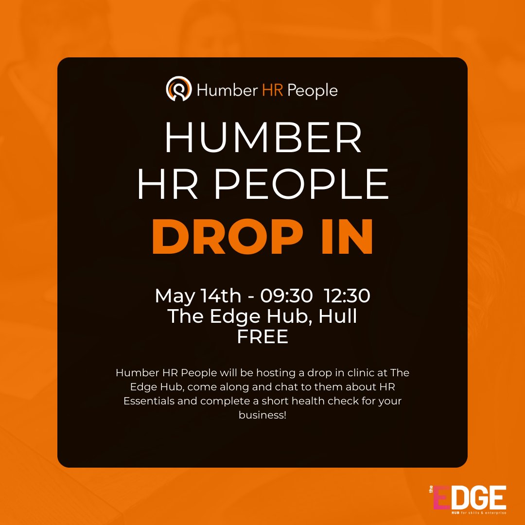 Humber HR People will be hosting a drop in clinic at The Edge Hub.

📆 Tuesday 14th May 
⏰ 9.30am – 12.30pm 

Come along and chat to them about HR Essentials and complete a short health check for your business!

#HRHelp #EmployeeEngagement #WorkplaceWellness #HRAdvice