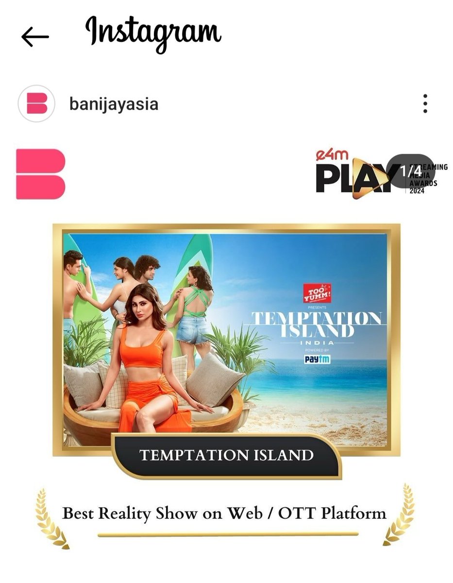 Wohoo congratulations @kkundrra and entire team of #TemptationIslandIndia for the award for Best Reality Show on Ott 🥳🥳 Much deserved win 🫶🏻🙌🏻 #karankundrra