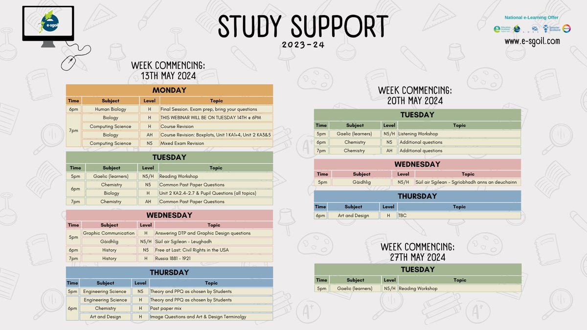 Please find the timetable below for the final 22 webinars in our Study Support programme for 2023-24 . You will also find this on our website. Learners looking for some final support can still register for these webinars here: e-sgoil.com/senior-phase/s… #NeLO #SeniorPhase