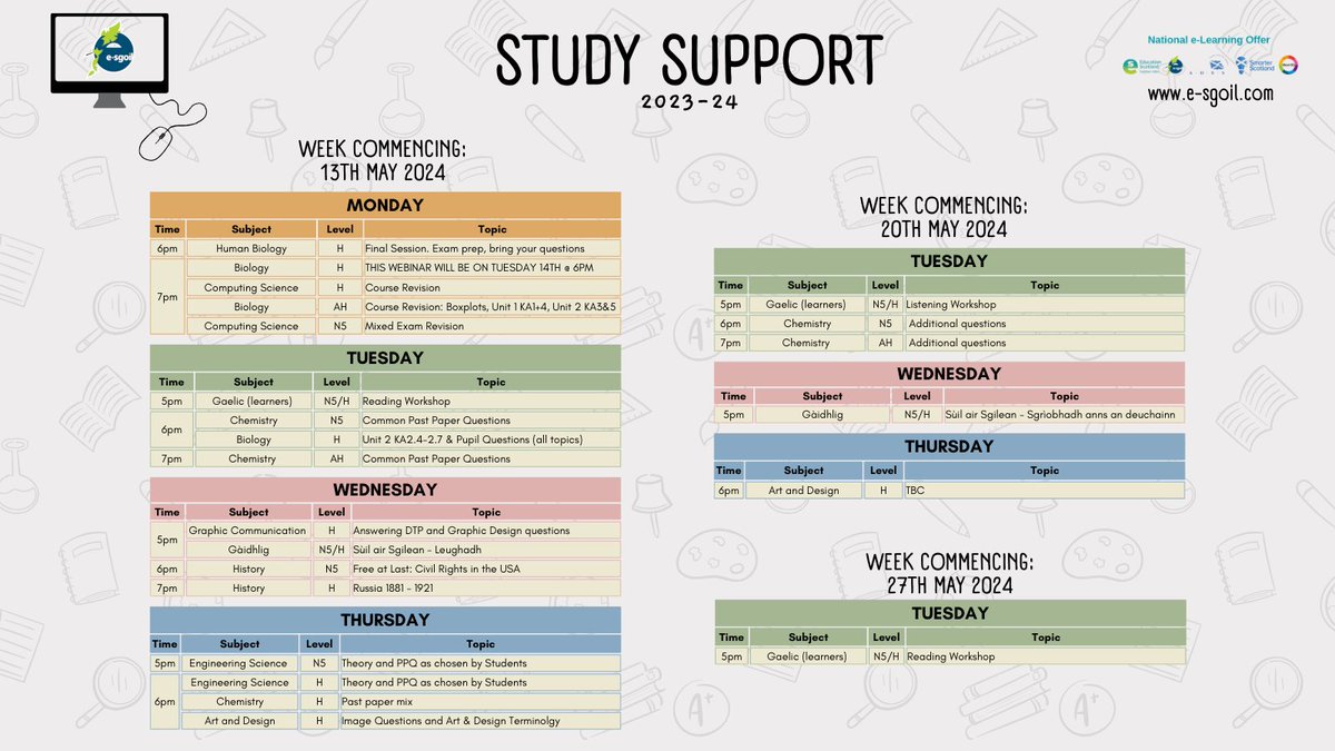 Please find the timetable below for the final 22 webinars in our Study Support programme for 2023-24 . You will also find this on our website.
Learners looking for some final support can still register for these webinars here:
e-sgoil.com/senior-phase/s…

#NeLO #SeniorPhase