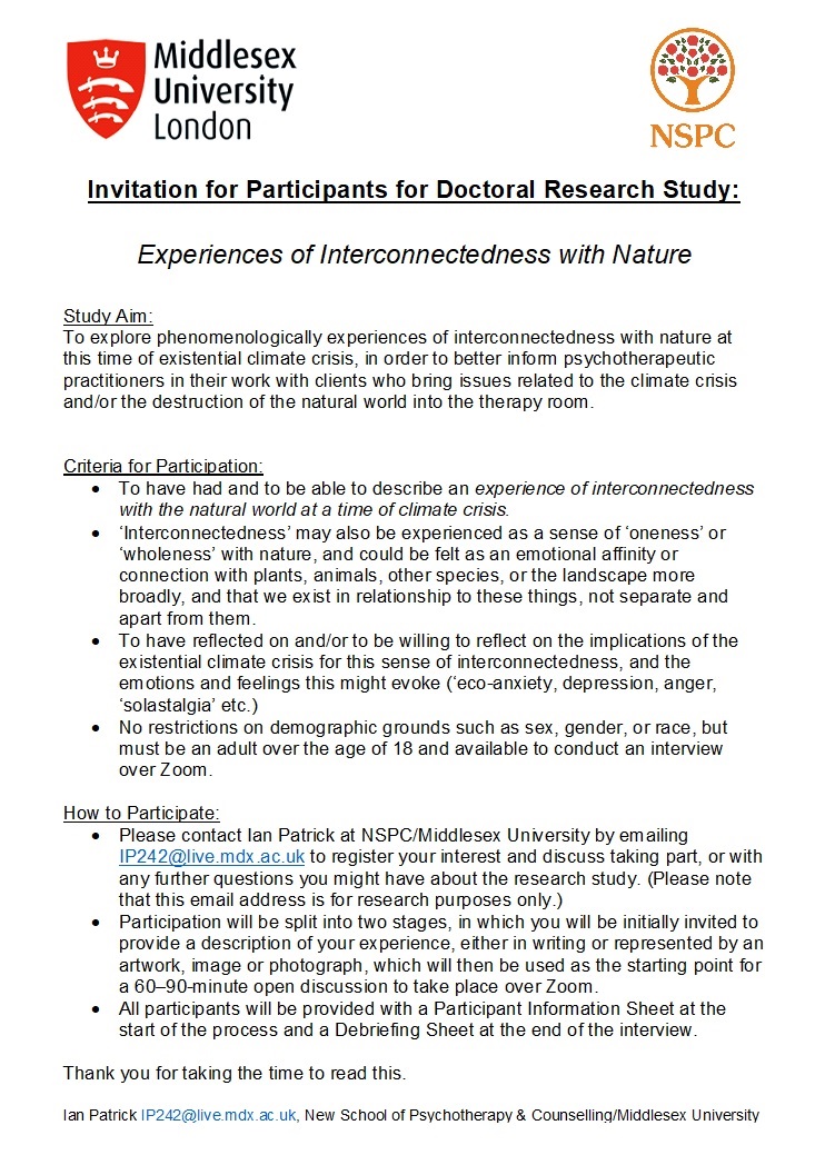 Have you had an experience of interconnectedness with Nature? 
If you have you might be interested in participating in research conducted by a student at NSPC. The research has received ethics approval.

Please RT #nature #research