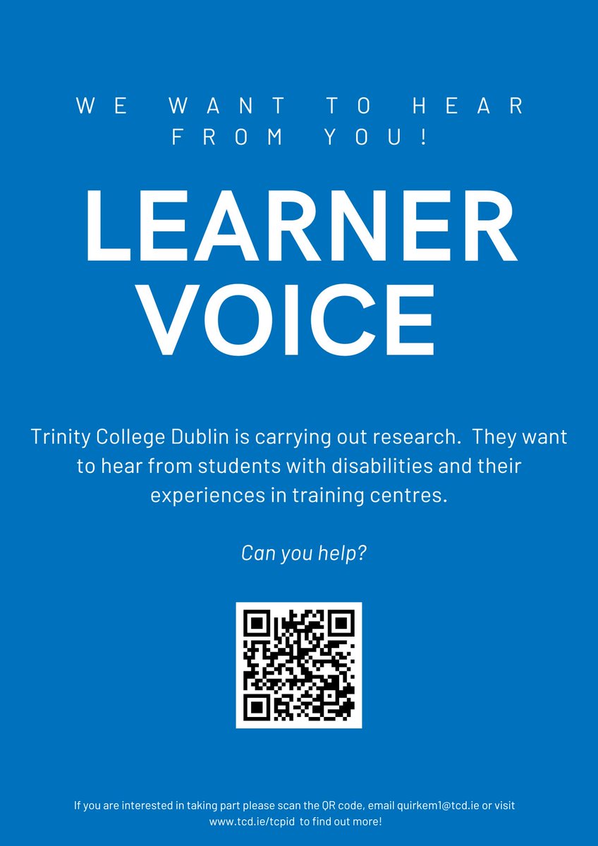 🔍 Are you a learner with a disability in specialist training in Ireland? 

Share your experiences &amp; hopes for the future with TCPID's LEARNER VOICE research project for <a href="/SOLASFET/">SOLAS</a> 

Click the link to participate &amp; have your voice heard! #disability

More: learnervoice.my.canva.site/about